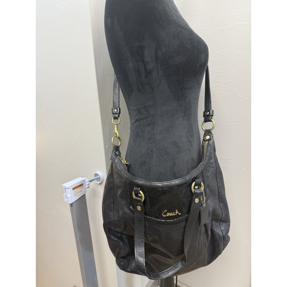Coach Handbags - Coach Ashley Hippie Black Leather Python Trim Shoulder Bag Purse Gold Hardware